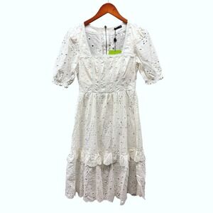 Limonada Pink Eyelet Midi Dress Womens XS White Cottagecore Puff Sleeve NWT